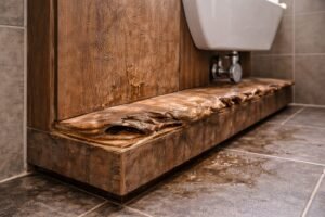 plywood area basah yang menggelembung akibat salah material